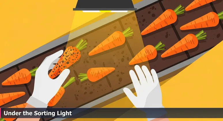 Close-up of gloved hands at a Grimmway Farms packing facility in Bakersfield, holding a dirty carrot over a conveyor belt of clean produce under harsh sorting lights.
