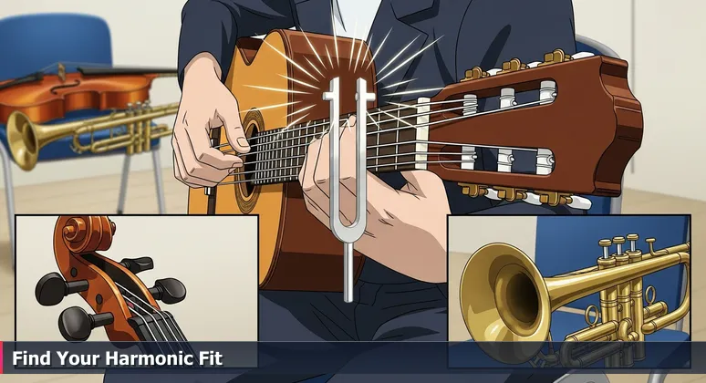 A musician's hands tuning a classical guitar with a vibrating tuning fork, symbolizing career preparation in Bakersfield's tech job market.