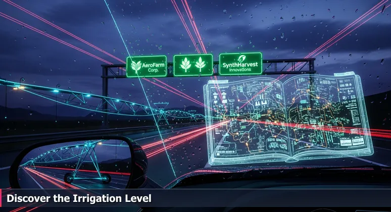 A car's windshield view on Highway 99 in Bakersfield at dusk, with blurry agricultural signs for crops and detailed irrigation systems visible in the side mirror, symbolizing the hidden cybersecurity infrastructure.