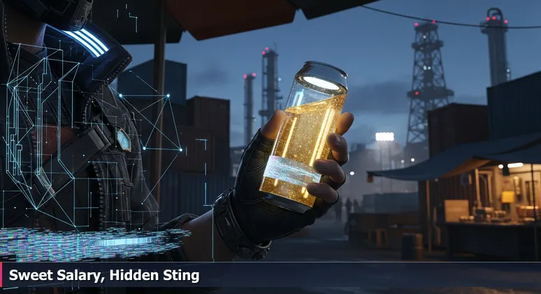 A jar of local honey held at a sunny Bakersfield farmer's market, with oil pumpjacks visible in the blurry background.