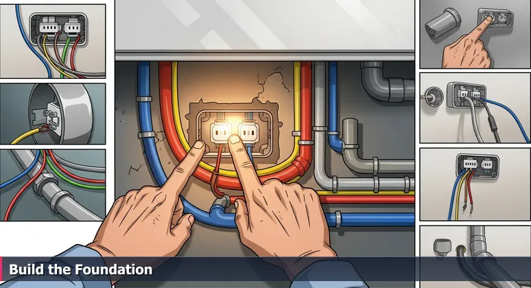 Close-up of hands pointing to complex industrial wiring and pipes, symbolizing the essential AI infrastructure work in Bakersfield's key sectors.