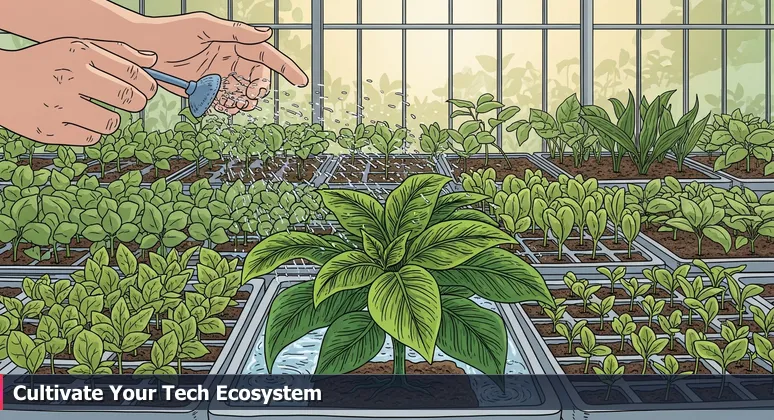 Close-up of hands gently misting young seedlings in a sunlit greenhouse, symbolizing the cultivation of tech ventures in Bakersfield's unique innovation ecosystems.