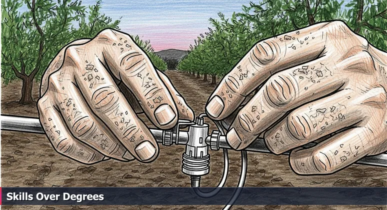Close-up of weathered hands adjusting a high-tech sensor on a drip irrigation line in a Bakersfield almond orchard at dusk, symbolizing hands-on tech skills without a degree.