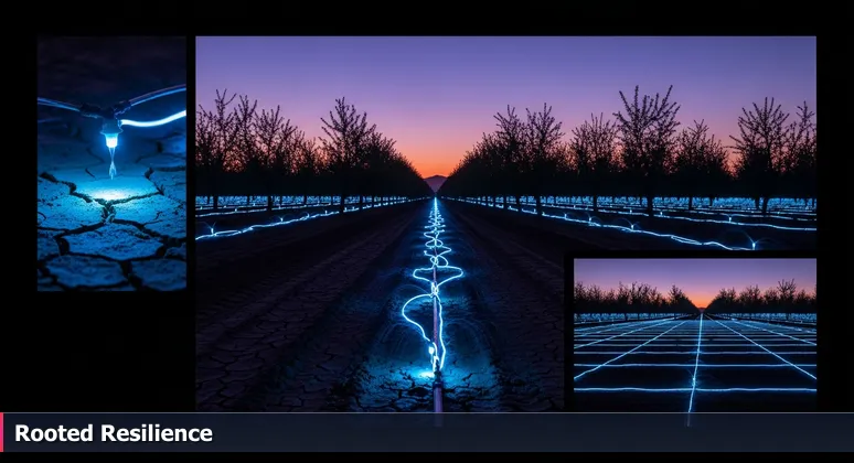 A dawn scene in a Kern County almond orchard highlighting a drip irrigation line nourishing trees, symbolizing support networks for women in tech in Bakersfield.