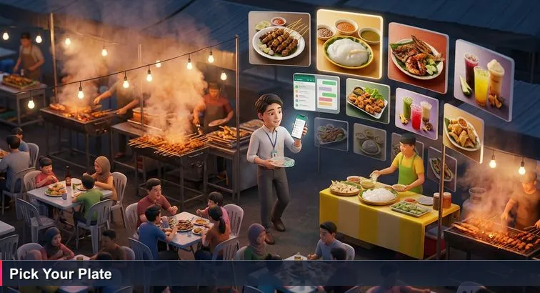 Overhead dusk shot of Gadong night market with grills and smoke; a young Bruneian in office clothes holds a nearly empty plate, a crumpled five-dollar note, and a phone showing a WhatsApp Top 10 list.