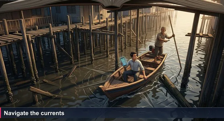 Passenger in office clothes clutching a smartphone showing a satellite map while a boatman uses a pole to steer a wooden water taxi through Kampong Ayer at low tide, stilts and exposed logs visible.