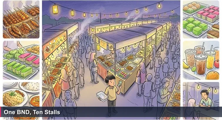 Dusk aerial of Gadong Ramadan bazaar: crowded food stalls, smoke drifting, a young Bruneian holding a BND10 note and a nearly empty container deciding between a long queue and a quiet stall.