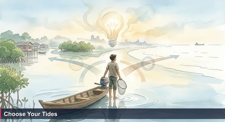 Early morning on the Brunei River near Kampong Ayer: a lone wooden boat with a young fisherman in the mangroves, misty water, distant Bandar Seri Begawan skyline.
