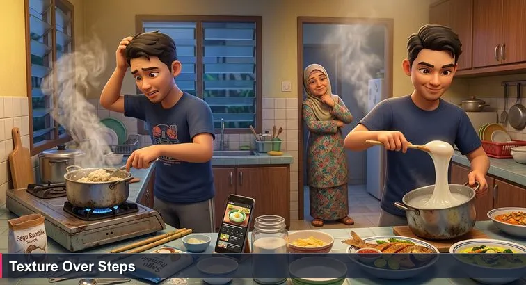 Young Bruneian in a Bandar Seri Begawan kitchen stirring a lumpy pot of ambuyat, phone showing a paused how to video, older family member watching with a half-smile.
