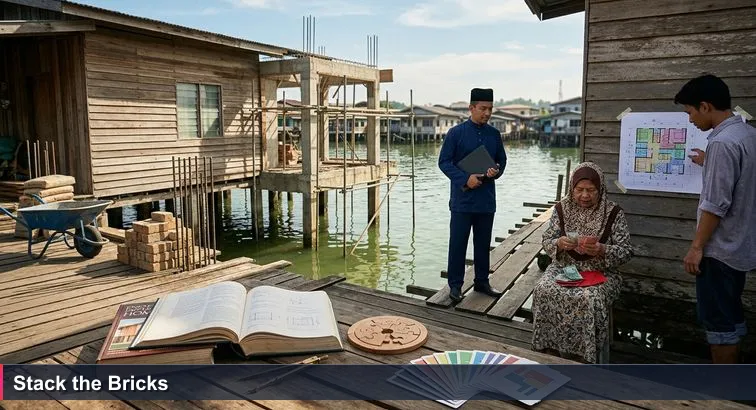 Stilt house in Kampong Ayer mid-renovation with concrete extension, stacks of bricks, a wheelbarrow, a bank officer in a baju melayu holding a folder, and a younger man studying a taped floor plan.