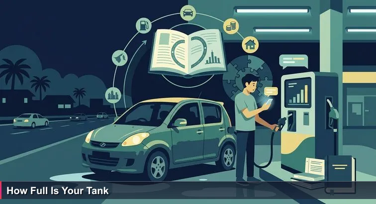 Night-time Brunei petrol station: a young graduate beside a Myvi fills the tank while checking a phone with a salary chat, pump numbers glowing under fluorescent lights.