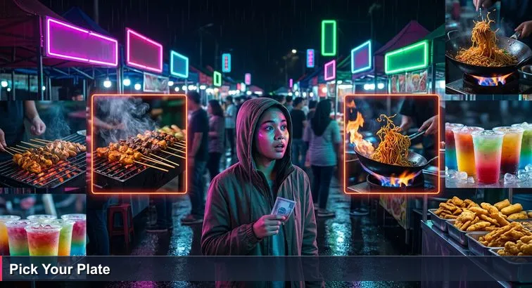 Gadong pasar malam at night with brightly lit food stalls; a young Bruneian in the foreground holds a folded five-dollar note, looking at stalls of satay and noodles.