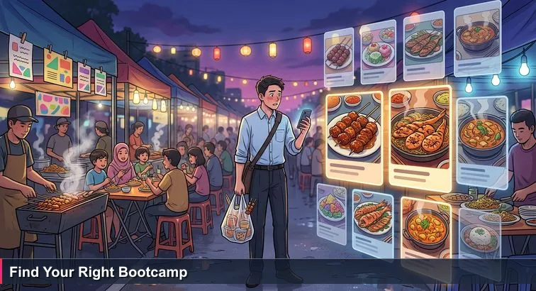 Dusk Gadong night market in Bandar Seri Begawan with smoky food stalls, handwritten price signs, and a young professional holding takeout and a phone showing a Top 10 list.