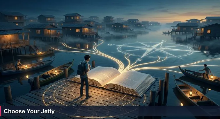 Pre-dawn Kampong Ayer jetty with a hesitant commuter and multiple water taxis; locals boarding unmarked boats under a blue sky with river mist.