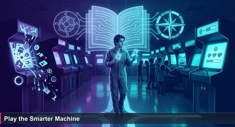 Interior of The Mall Gadong arcade at night with neon-lit racing machines; a young adult in work clothes holds two identical BND game cards, hesitating between two cabinets.