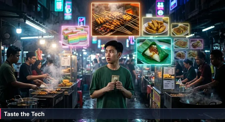 Gadong night market at dusk with a young Bruneian holding a single $5 note, surrounded by brightly lit food stalls, smoke and crowds symbolising limited time and choices for learning.
