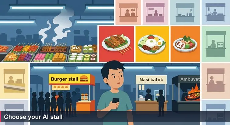 Gadong night market at dusk with food stalls, smoke, neon lights, and a young Bruneian holding a phone scrolling a top-10 list while watching queues at different stalls.