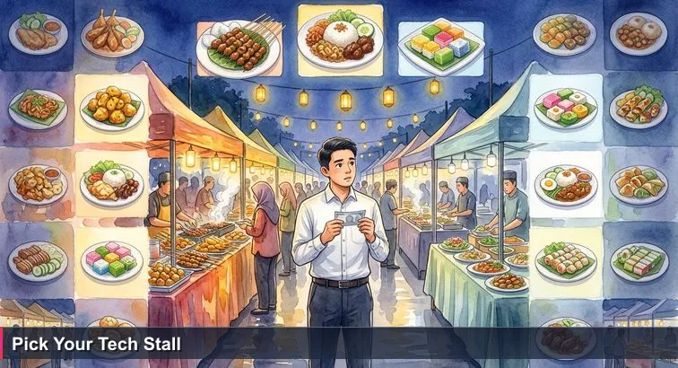 Twilight scene at Gadong Ramadhan bazaar: a young Bruneian in office clothes holding a single BND10 note between two contrasting food stalls, representing choice and uncertainty.