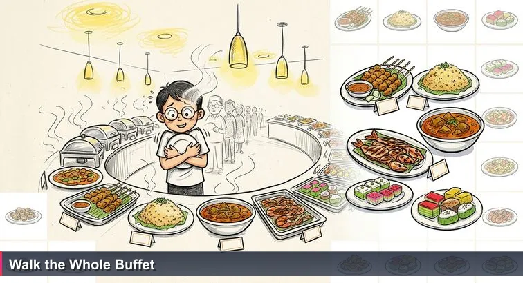 A young Bruneian in a Bandar Seri Begawan sungkai buffet, steam fogging their glasses as they hold a single white plate before a curved line of silver chafing dishes.