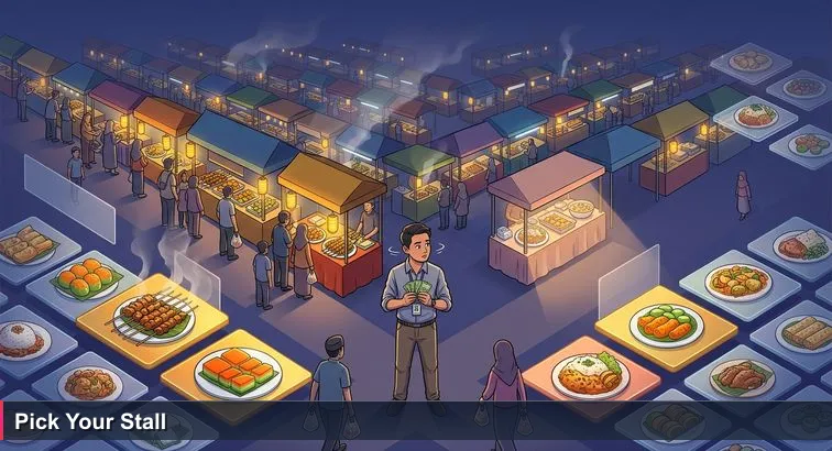 A young Bruneian professional at Gadong Ramadhan night market crossroads, stalls lit at dusk with satay smoke in the air, symbolising choosing a startup career path in Brunei.