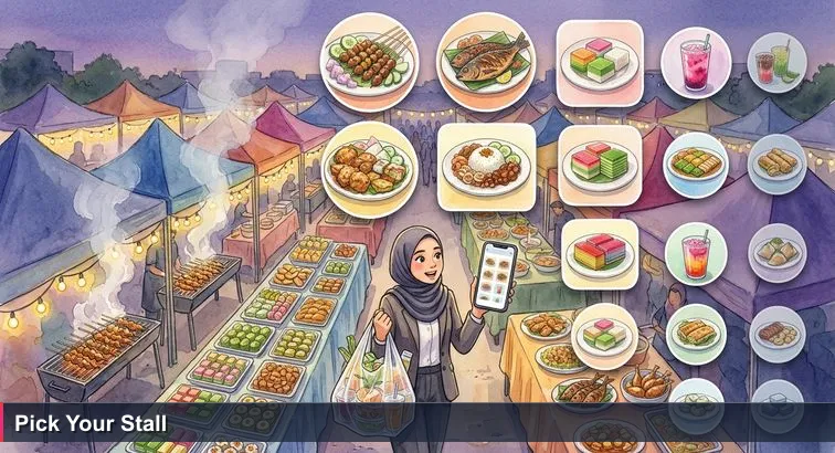 Overhead dusk view of Gadong Ramadan bazaar with glowing stalls, smoke from grills, and a young Bruneian woman holding a phone with a ‘Top 10’ list and a shopping bag.