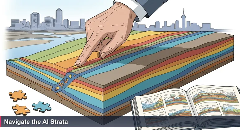 A geologist's hand pointing at colorful rock strata along the Spokane River, with Spokane's skyline in the background, representing layered AI career opportunities.