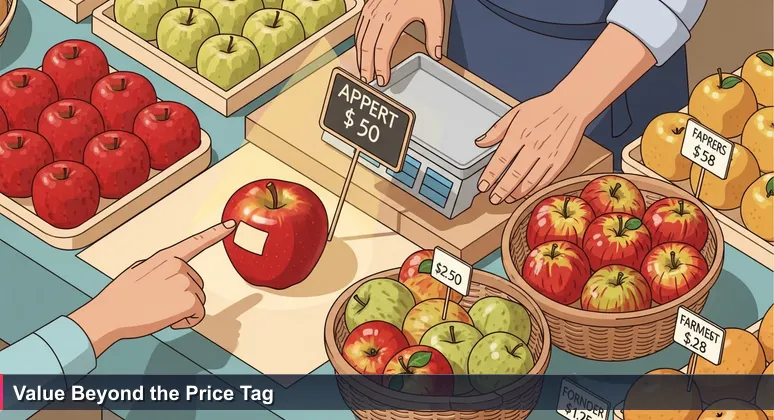 A vendor at the Spokane Farmers Market compares a shiny expensive apple to a basket of heirloom apples, illustrating the choice between headline salary and total compensation in tech jobs.