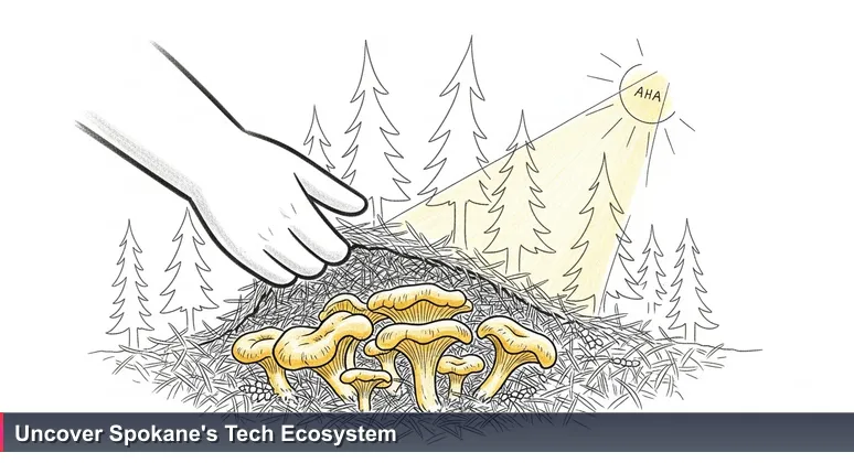 A hiker's hand brushes aside pine needles to reveal golden chanterelle mushrooms on a forest floor, symbolizing hidden tech opportunities in Spokane's ecosystem.