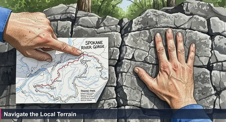 Hands holding a detailed trail map of Spokane River Gorge, with clean lines on paper contrasted against a rugged basalt rock, symbolizing the journey to AI engineering in Spokane's local context.