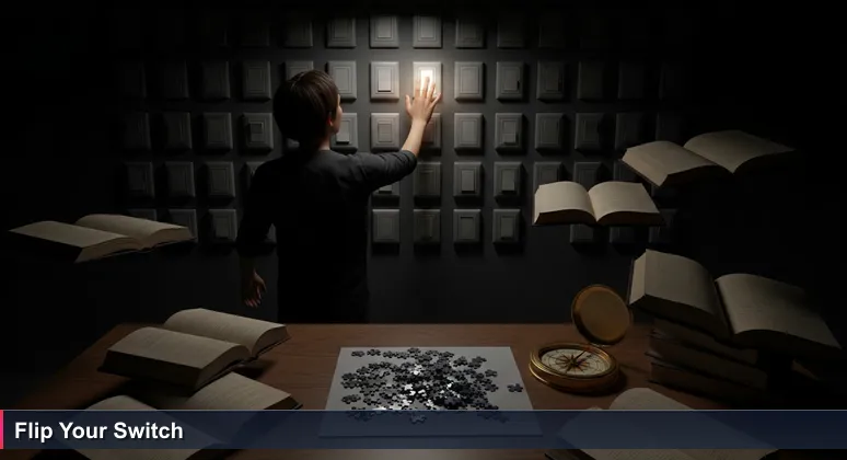 A person reaching for light switches on a wall in a dark room, symbolizing the search for funding options for tech training in Spokane.