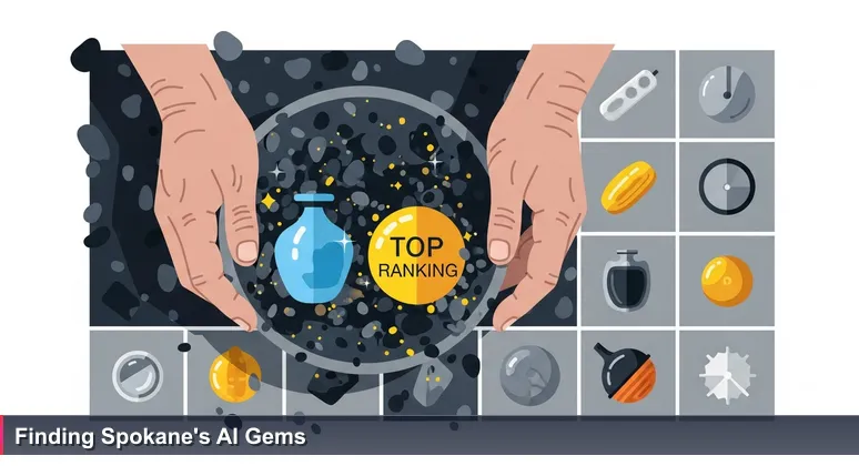 Weathered hands sifting through river gravel, with sunlight highlighting gold flecks, symbolizing the search for valuable AI startups in Spokane.
