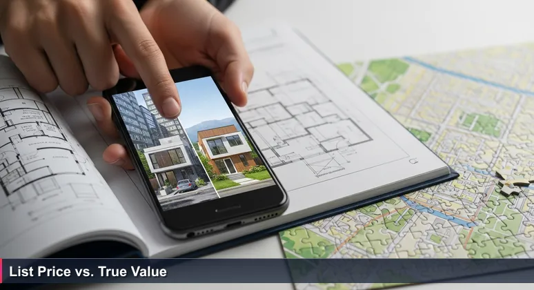 A smartphone screen comparing house prices in Spokane and another city, symbolizing AI salary evaluation with cost of living factors.