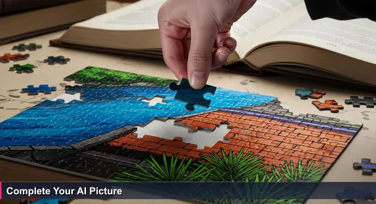 A hand holding the final puzzle piece over an incomplete jigsaw puzzle depicting Spokane's landscape, symbolizing AI networking and community building.