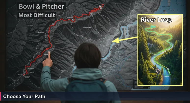 A hiker at a Spokane trailhead examining a map with trail difficulty ratings, symbolizing the choice of AI bootcamps.