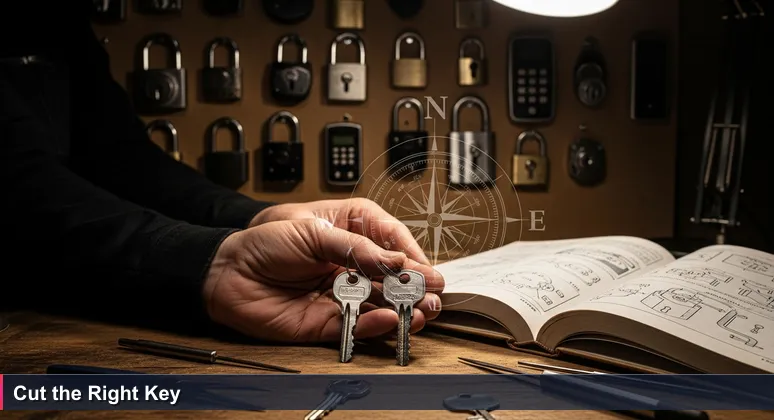 Weathered hands holding key blanks on a wooden workbench with various locks in the background, representing specialized cybersecurity careers in Spokane.