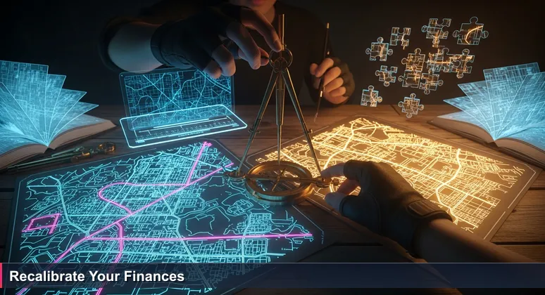 A hand adjusting a brass drafting compass over overlapping maps of Seattle and Spokane, symbolizing financial calibration for tech professionals moving to Spokane