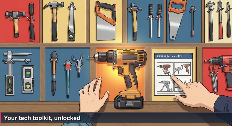 A person selecting a tool from a community tool library wall, with a guide pointing to instructions, symbolizing accessible free tech training in Spokane.