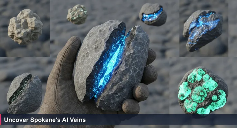 Close-up of a geologist's gloved hand holding a gray basalt rock from Spokane, with a crack revealing a glittering vein of rare mineral.