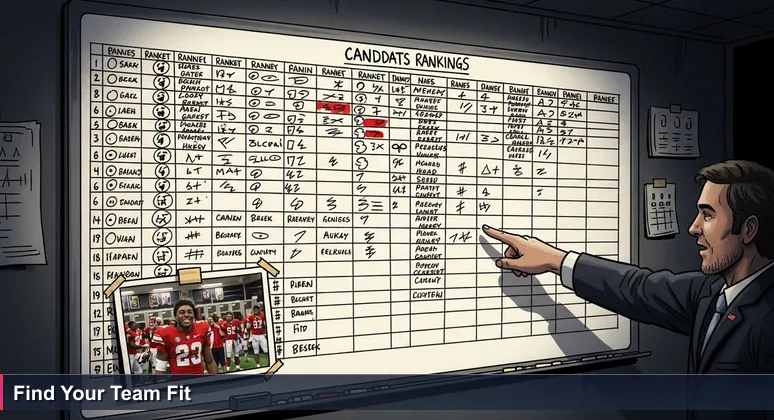 An NFL draft war room with a whiteboard of ranked prospects, but a coach's hand points to a photo of a laughing football team in a locker room, symbolizing the search for team chemistry in tech spaces.