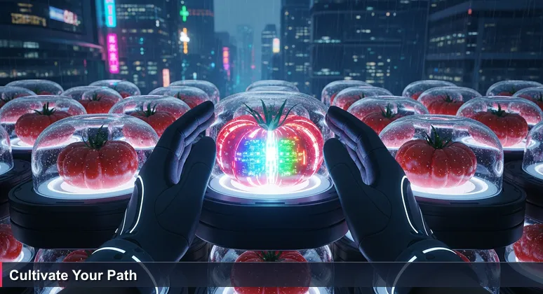 Close-up of hands in gardening gloves turning over rich, dark soil in a Spokane community garden, with a vibrant red heirloom tomato symbolizing hidden career opportunities for junior developers.