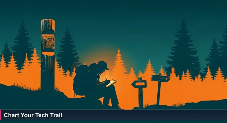 A woman hiker in Riverside State Park, Spokane, at a trail junction with multiple markers, sketching a map in a notebook to symbolize navigating tech career resources.