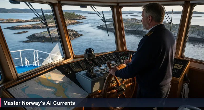 A seasoned captain navigating a boat through the Oslo Fjord at dawn, symbolizing the journey to launch an AI career in Norway's complex market