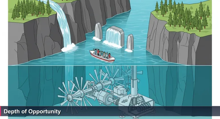 A scenic Norwegian fjord with tourists on a boat, contrasted with an underwater view of a tidal energy turbine, symbolizing hidden tech opportunities beneath the surface.