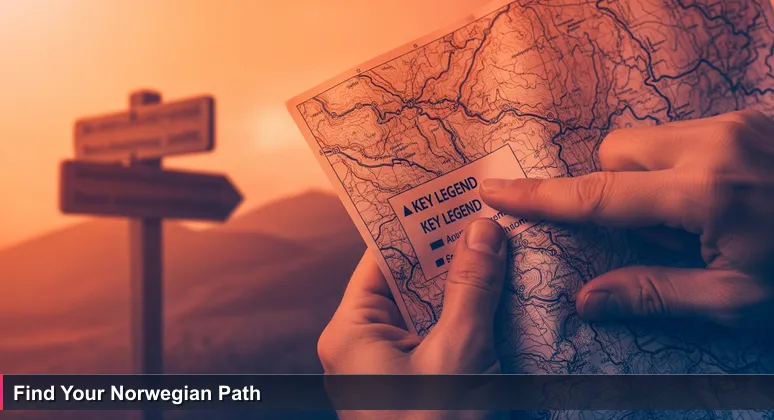 Close-up of hiker's hands holding a detailed topographic map of Jotunheimen National Park with highlighted routes, thumb obscuring the legend, and a blurred wooden trail sign pointing ahead in the background.