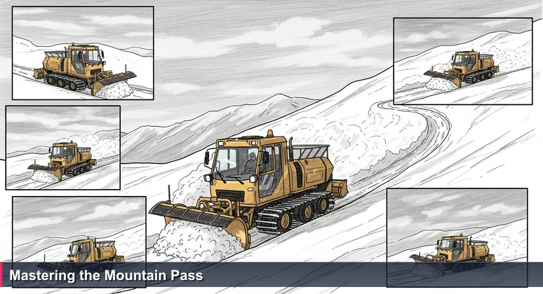 A trolleplog snowplow clearing a narrow lane on a winding Norwegian mountain road, symbolizing focused AI innovation in challenging terrain.