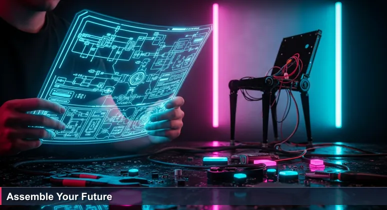Close-up of hands holding an IKEA instruction manual with tools and hardware scattered on a wooden floor, symbolizing the assembly of funding for tech training in Norway.