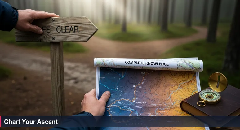 A hiker's weathered hands at a Norwegian forest trail junction, with one hand on a carved wooden signpost and the other holding a detailed topographic map.