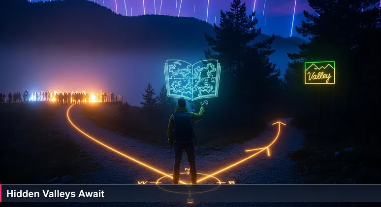 A hiker at a fork on a Norwegian fjord trail, choosing between a crowded overlook path and a secluded trail to a hidden valley, symbolizing AI community decisions in Norway.