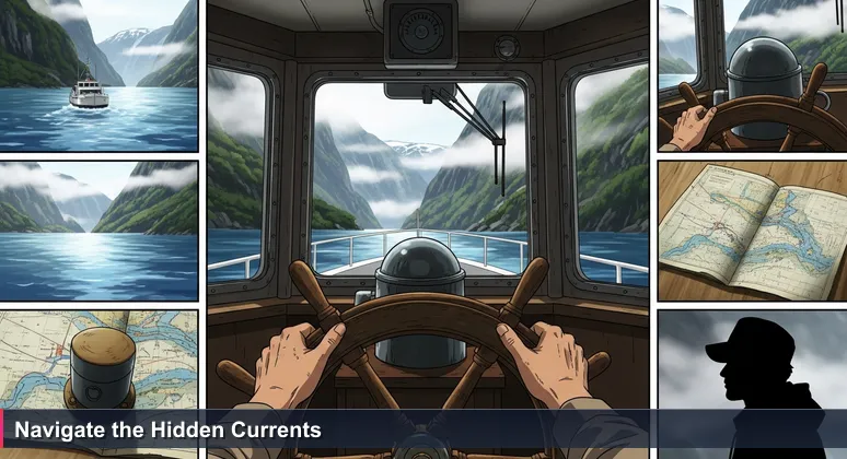 A captain's hands gripping a ship's wheel, with a misty Norwegian fjord visible through the window and a navigational chart showing hidden currents.