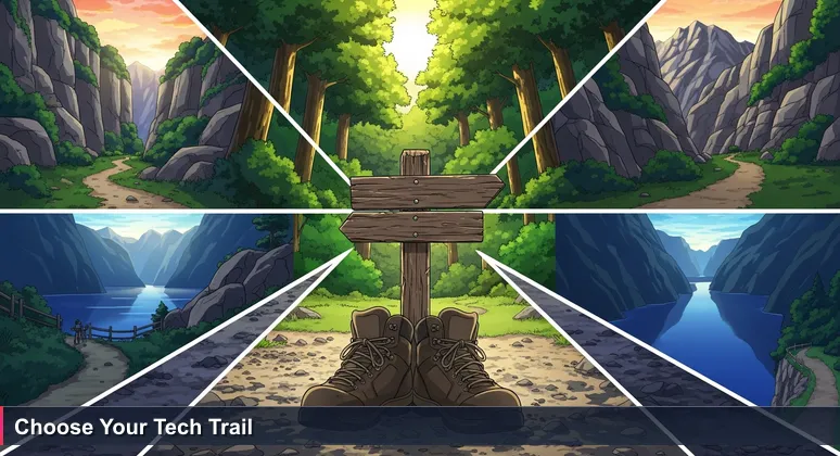 Hiker's boots at a trailhead in Norwegian wilderness with signposts for different paths, symbolizing career choices in tech.